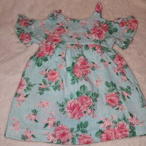 MUDD PIE~Aqua Rose Crepe Cold Shoulders Baby DRESS~24m/2T
